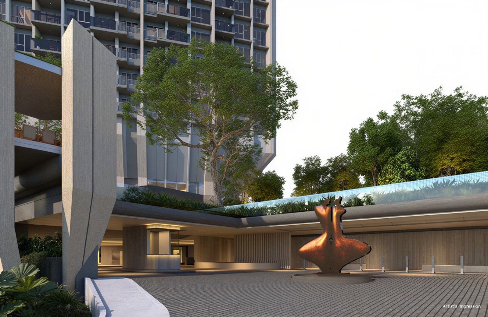 Arrival court with a bronze sculpture beneath the tower, artist's impression
