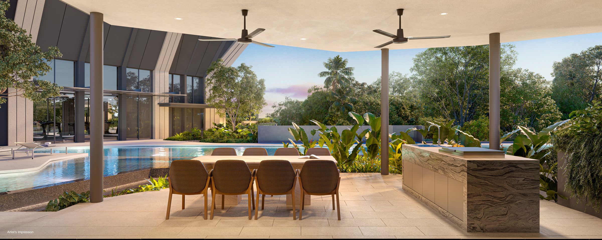 Poolside dining pavilion with outdoor kitchen, artist's impression