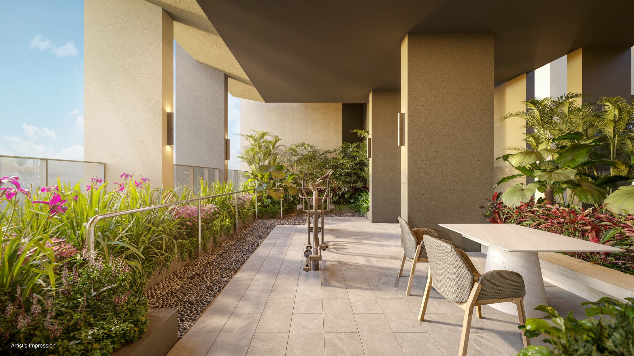 Garden terrace with seating among flowering plants, artist's impression