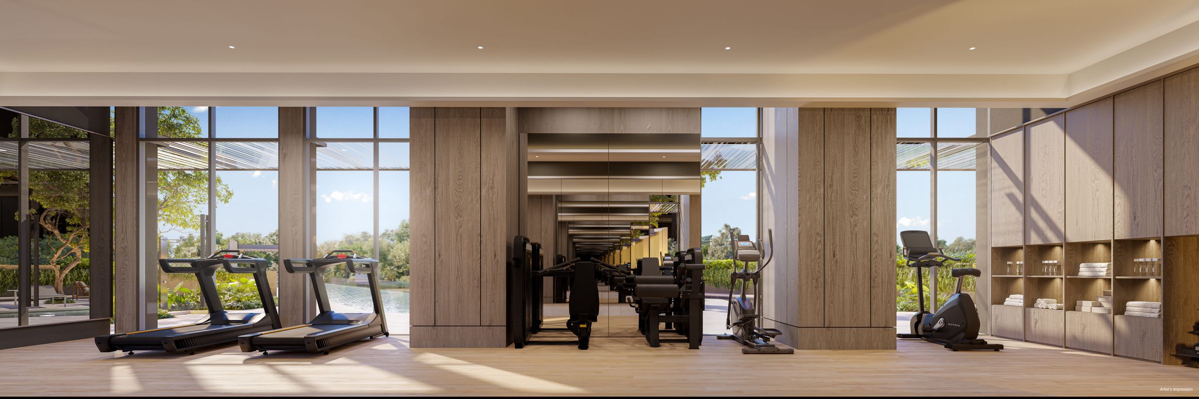 Gym with full-height glazing overlooking greenery, artist's impression