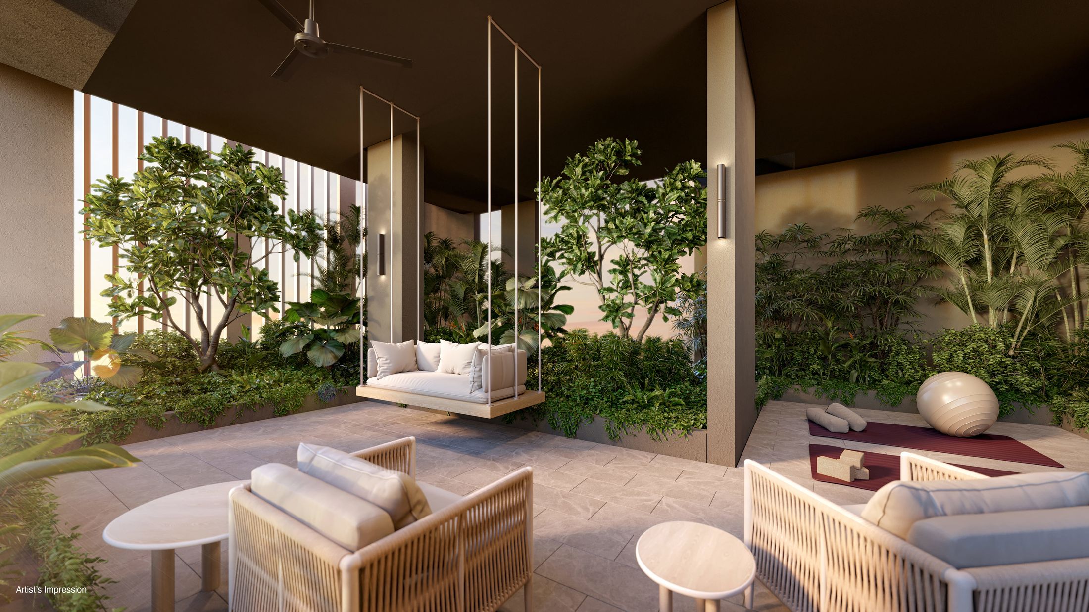 Landscaped residents' lounge with hanging swing seats, artist's impression