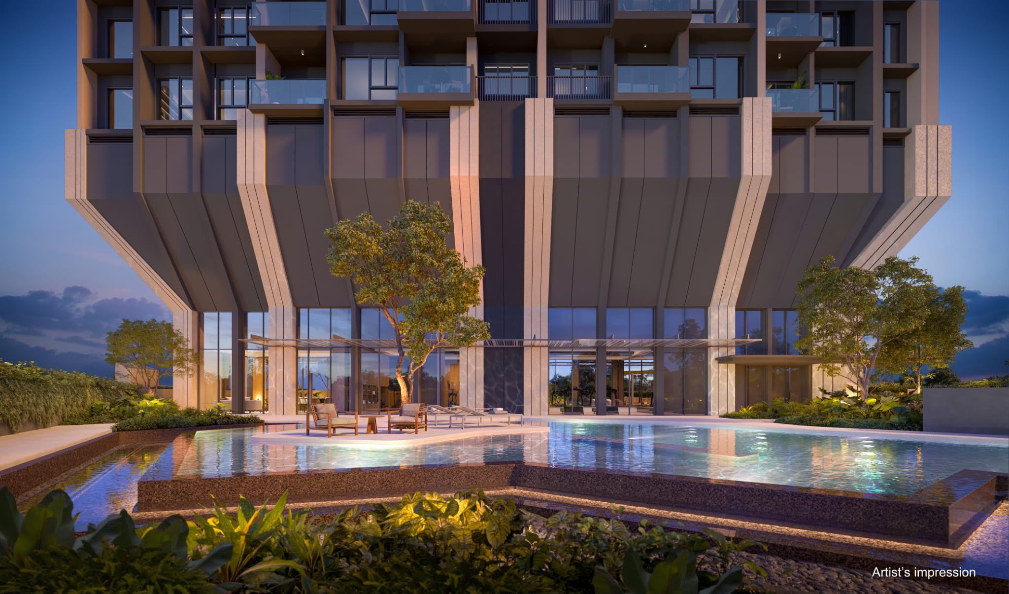 Swimming pool beneath the tower's sculpted base at dusk, artist's impression