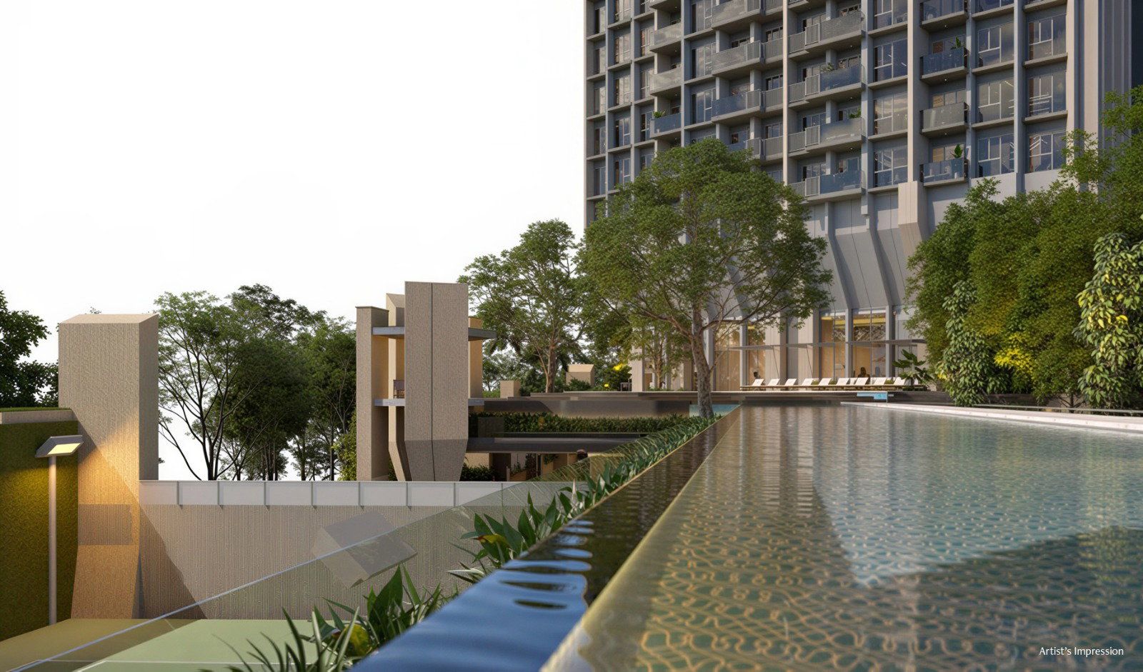 Pool edge with a cascading water feature beside the tower, artist's impression