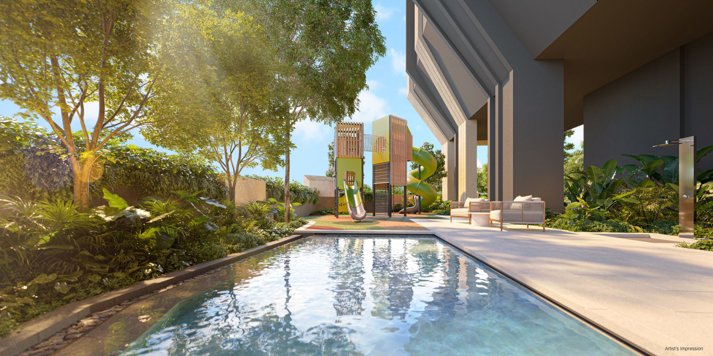 Garden pool beneath mature trees