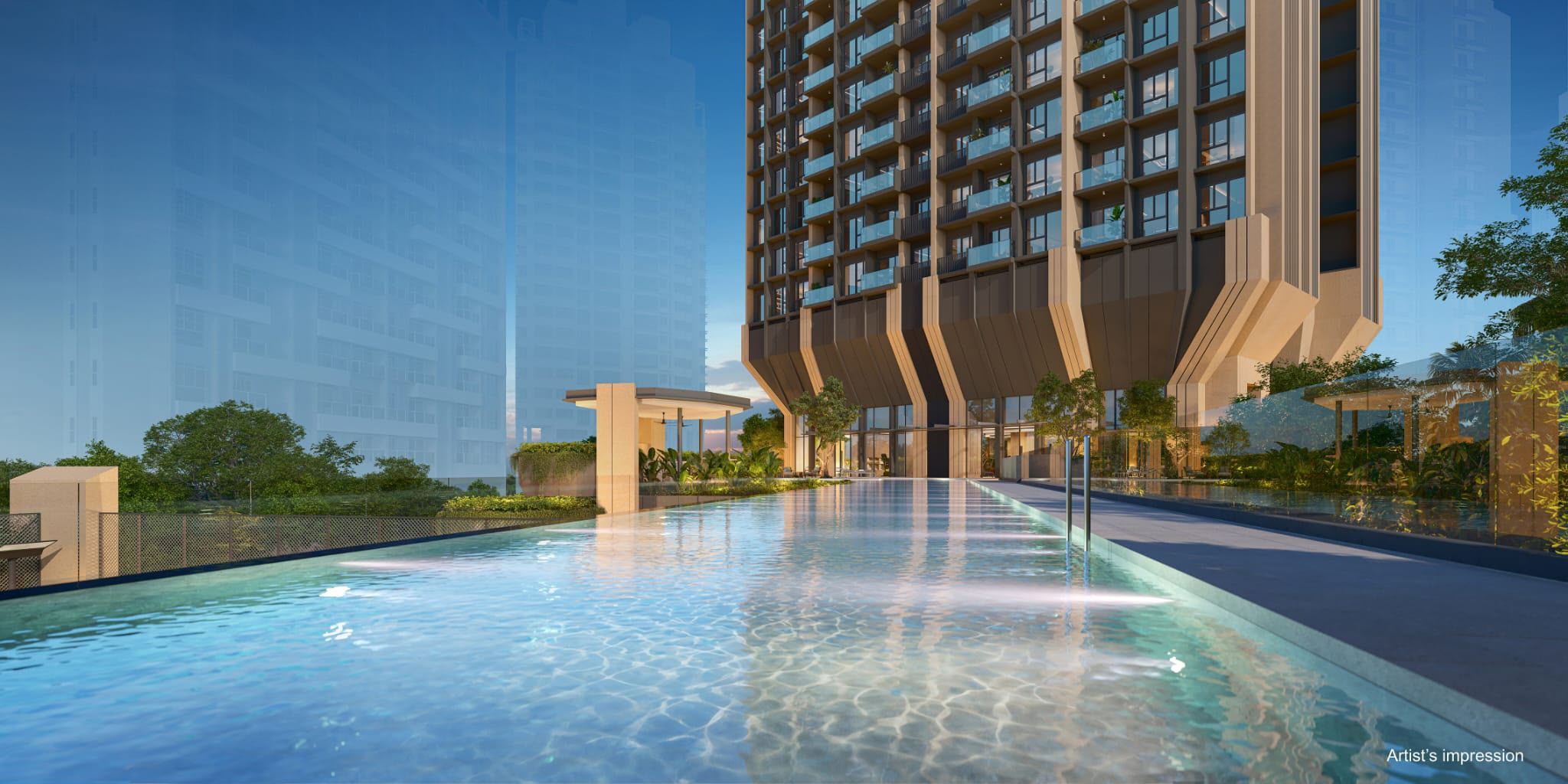 Long swimming pool alongside the tower, artist's impression