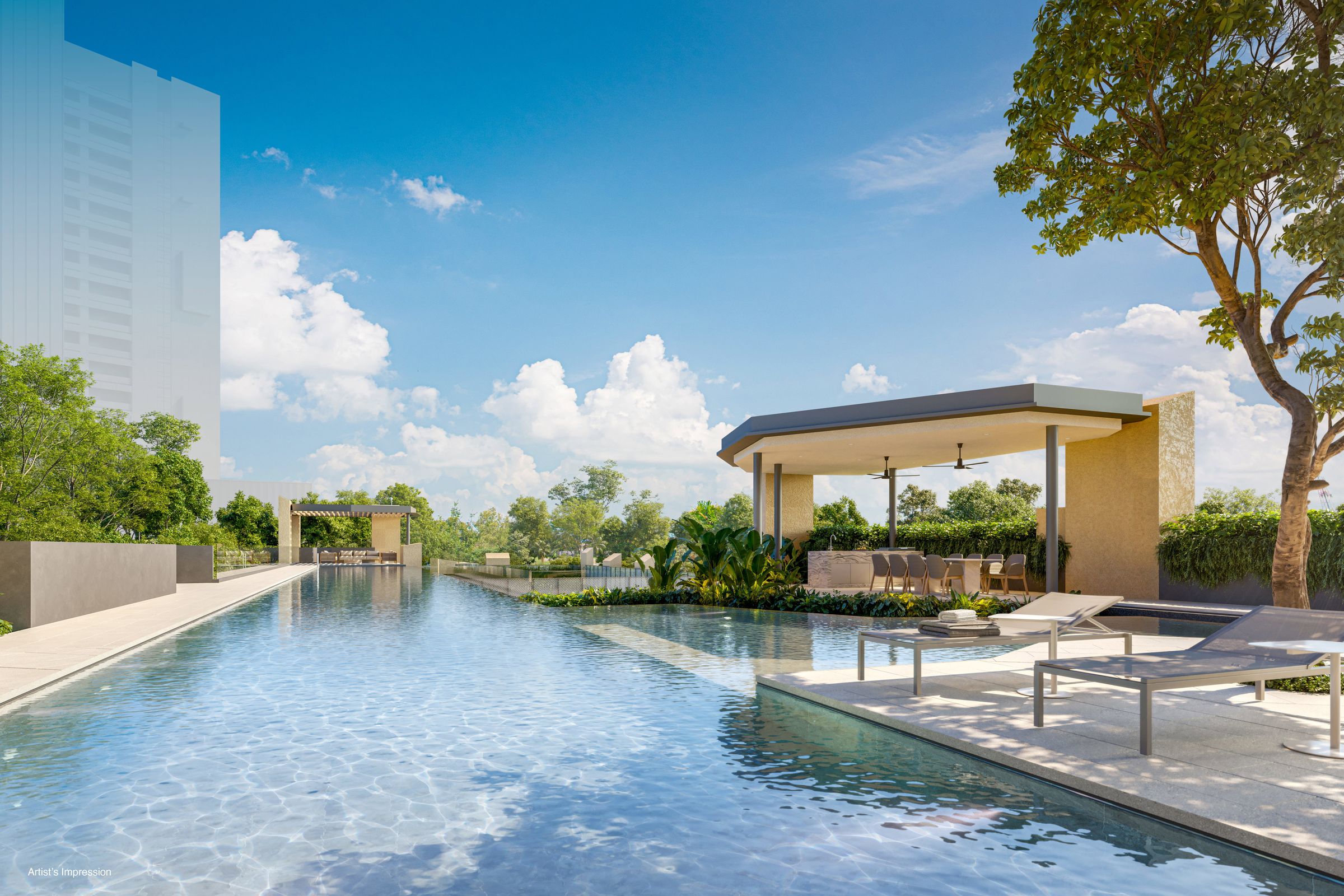 Pool with pavilion and loungers