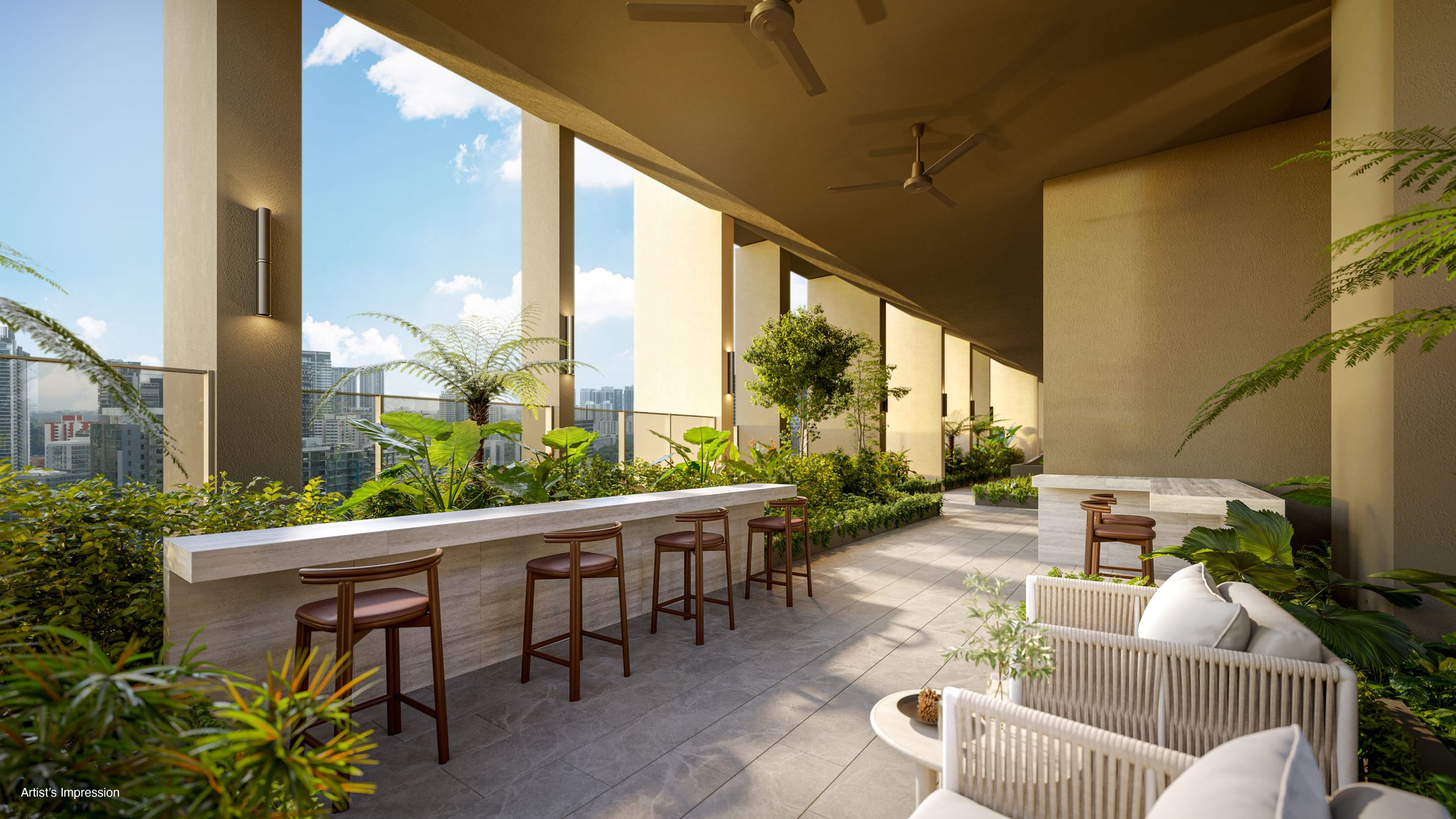 Covered terrace with bar seating and lush planting, artist's impression