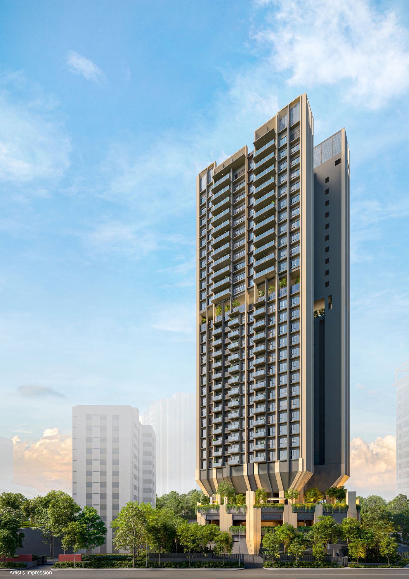 Full-height view of The Serra Residences tower against a clear sky, artist's impression