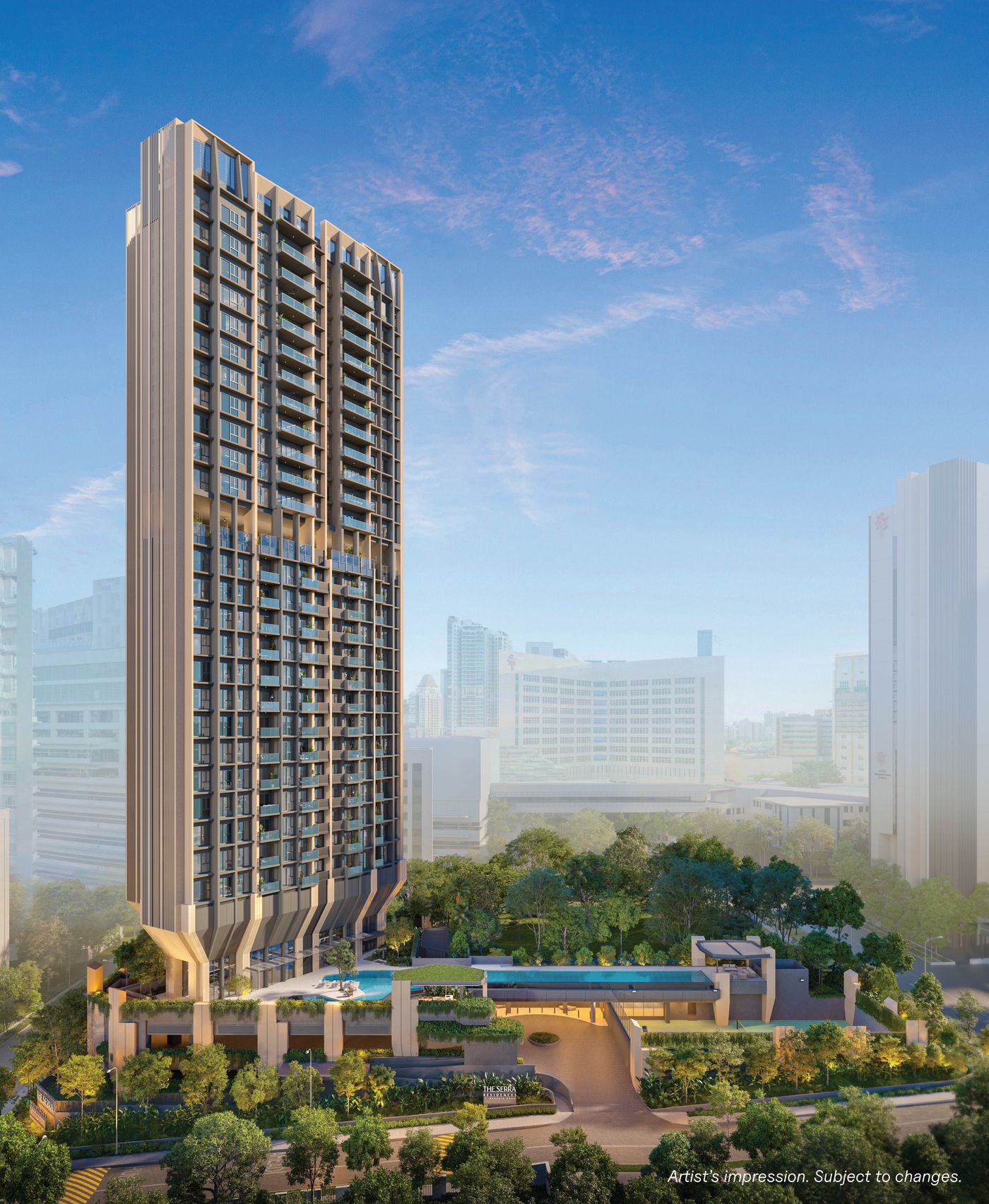 The Serra Residences tower above its landscaped podium, artist's impression